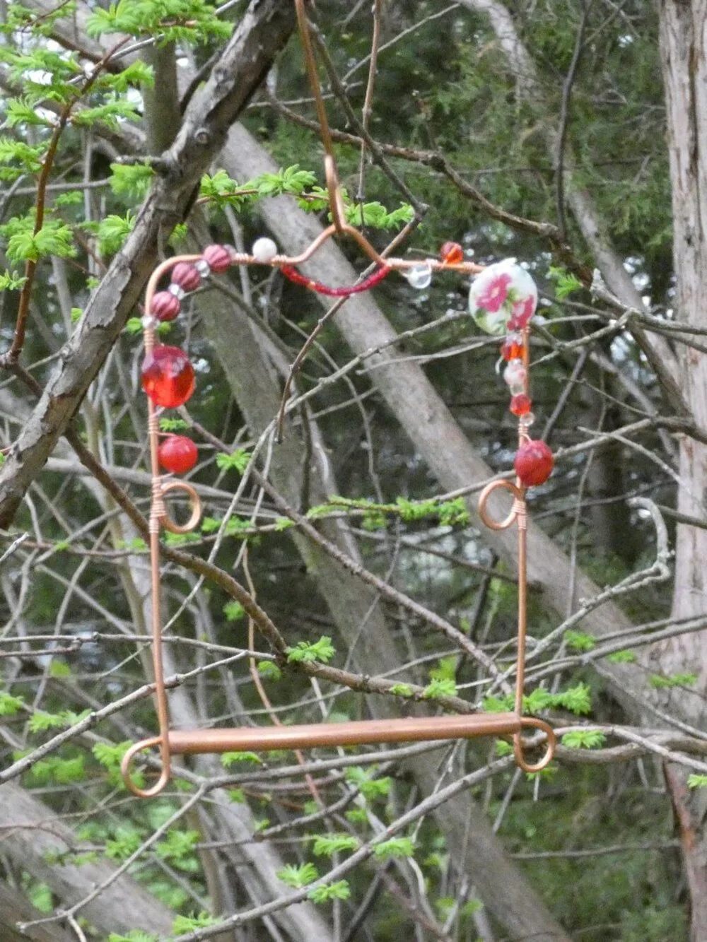 Copper Hummingbird Perch Swing with Detachable Copper Hook Red Beads